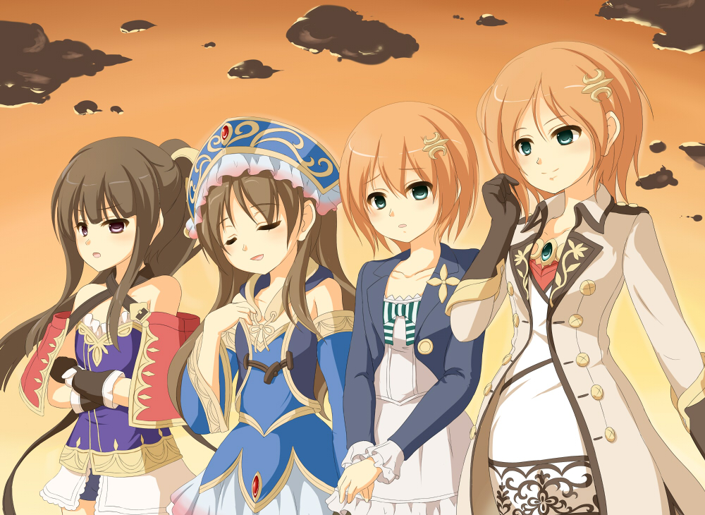 4girls, aose_saratoga, aqua_eyes, atelier_(series), atelier_meruru, bare_shoulders, blush, brown_hair