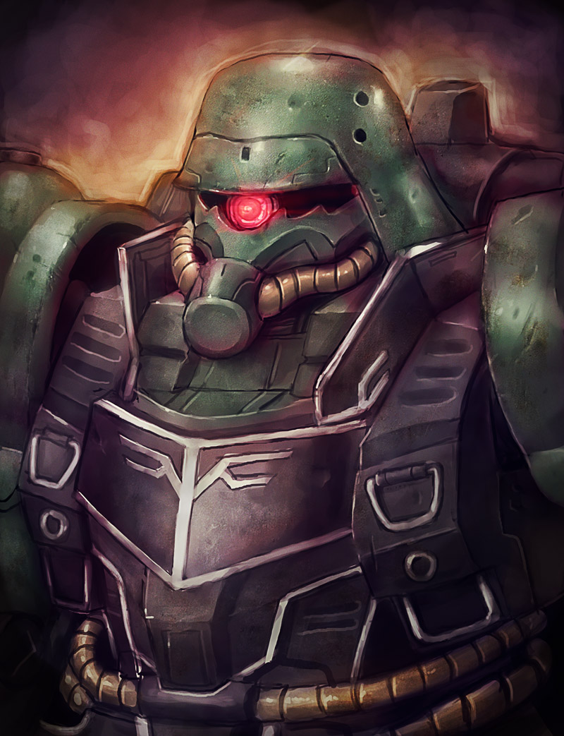 geara_zulu, glowing, glowing_eye, gundam, gundam_unicorn, mecha, no_humans, realistic