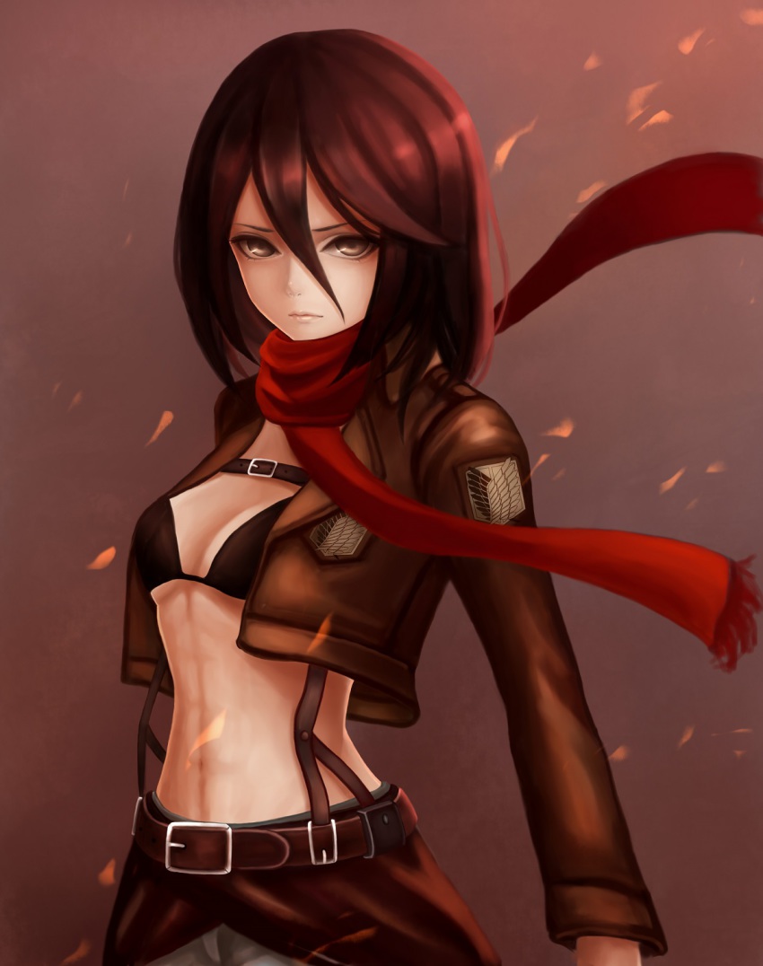 1girl, abs, belt, black_hair, bra, brown_eyes, female_focus, highres, jacket, midriff, mikasa_ackerman, navel, norixio, scarf, shingeki_no_kyojin, solo, standing, underwear
