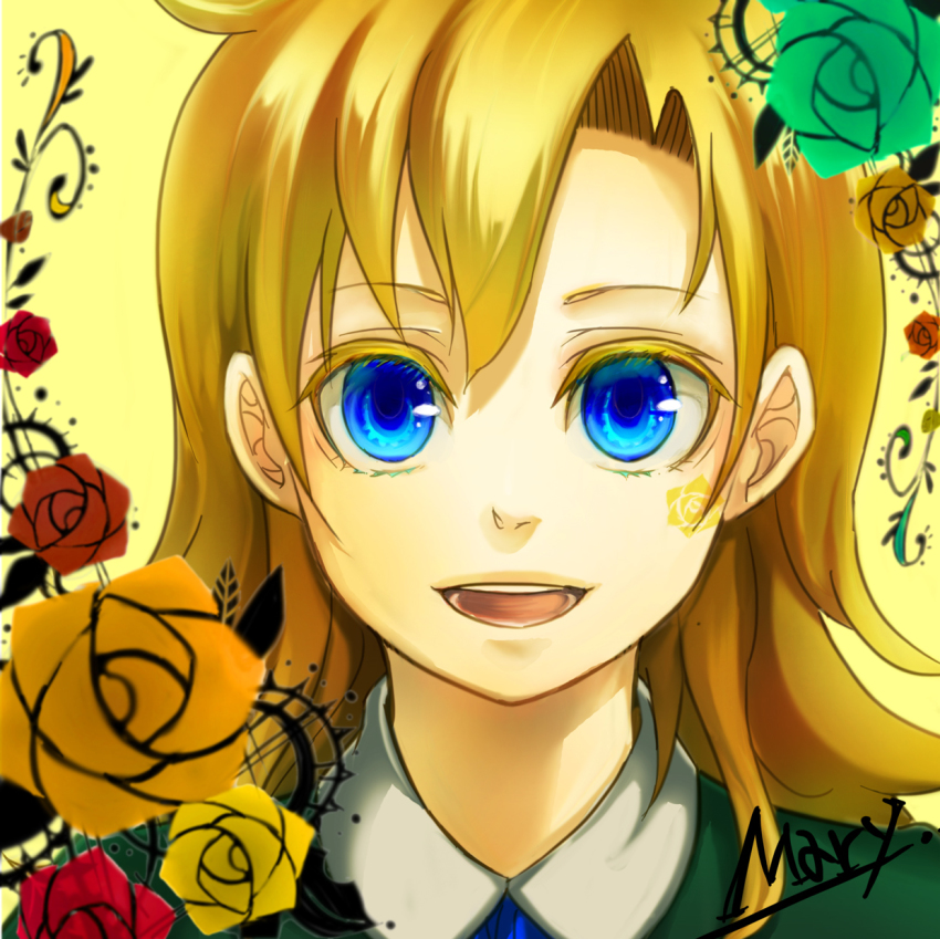 1girl, blonde_hair, blue_eyes, female_focus, flower, gonza_(kimura01), highres, ib_(kouri)