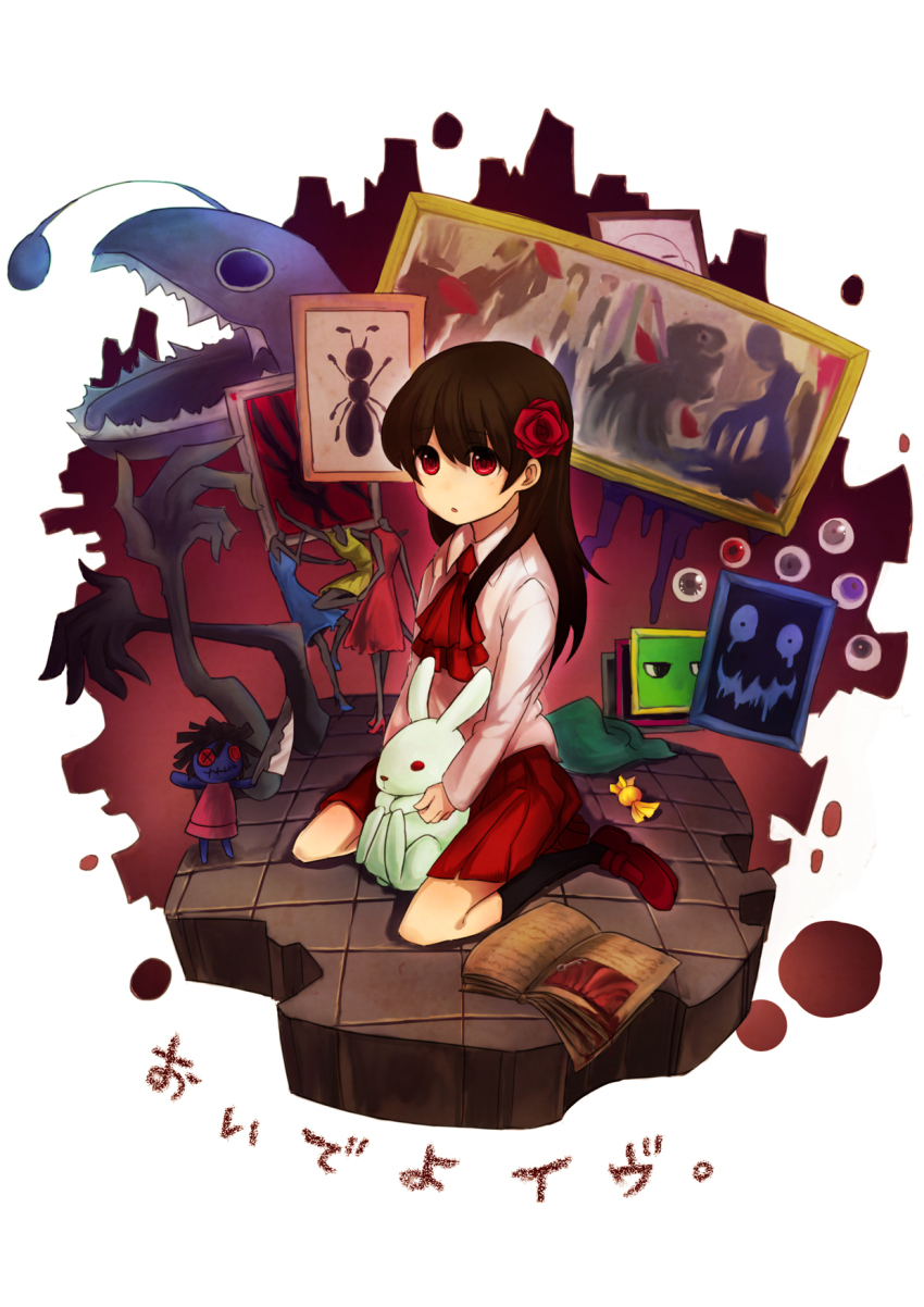 1girl, ant, book, brown_hair, bug, candy, doll_(ib), food