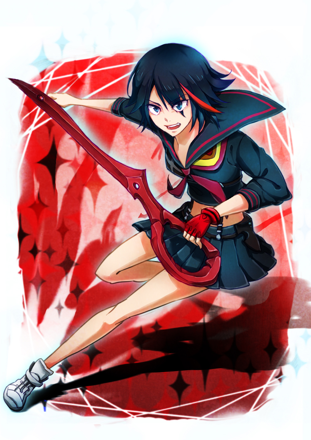 10s, 1girl, blue_eyes, gonza_(kimura01), highres, kill_la_kill, matoi_ryuuko, multicolored_hair, scissor_blade_(kill_la_kill), senketsu, suspenders, sword, two-tone_hair, weapon