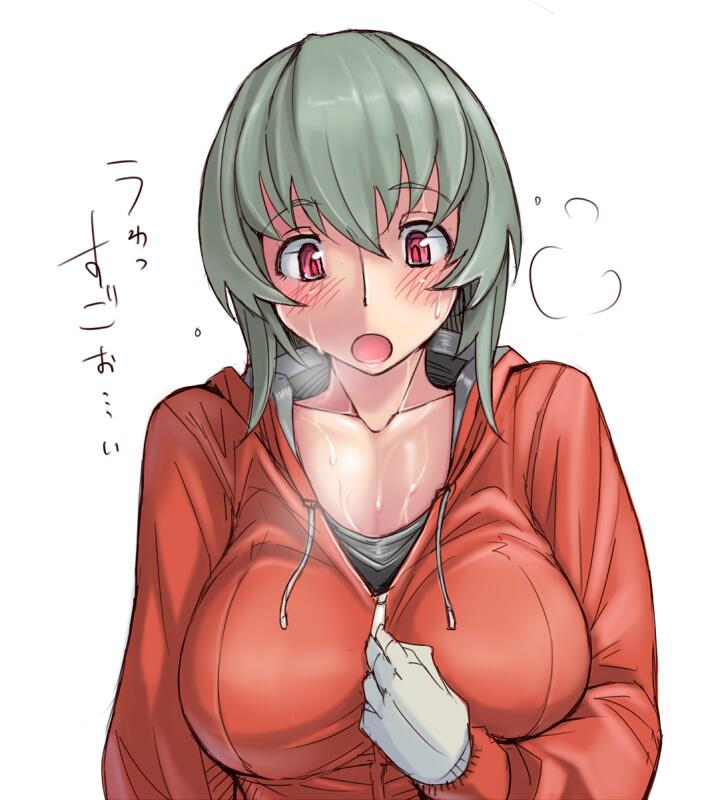 1girl, :o, blush, breasts, casual, gentosha, gloves, hood