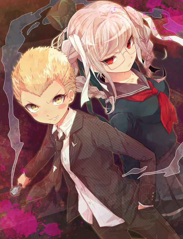 10s, 1boy, 1girl, blonde_hair, blush_stickers, braid, danganronpa_(series), formal_clothes