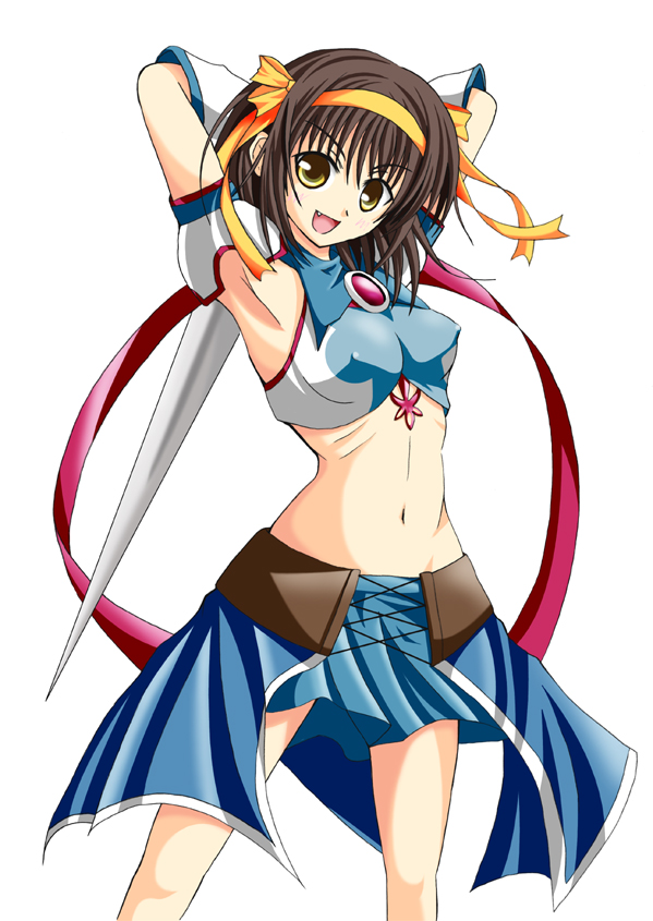 1girl, alternate_costume, armpits, arms_behind_head, breasts, brown_eyes, brown_hair, covered_erect_nipples, crop_top, detached_sleeves, fang, female_focus, gloves, hairband, large_breasts, midriff, navel, raion666, ribbon, short_hair, showgirl_skirt, skirt, smile, solo, superheroine_haruhi, suzumiya_haruhi, suzumiya_haruhi_no_tomadoi, suzumiya_haruhi_no_yuuutsu, sword, weapon, white_background
