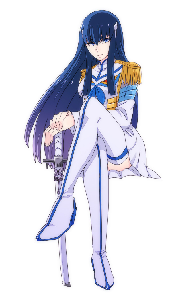 10s, 1girl, bakuzan, blue_eyes, blue_hair, boots, crossed_legs, epaulettes, junketsu, kill_la_kill, kiryuuin_satsuki, long_hair, m_0506, sitting, sword, thigh_boots, thighhighs, trigger_(company), uniform, weapon