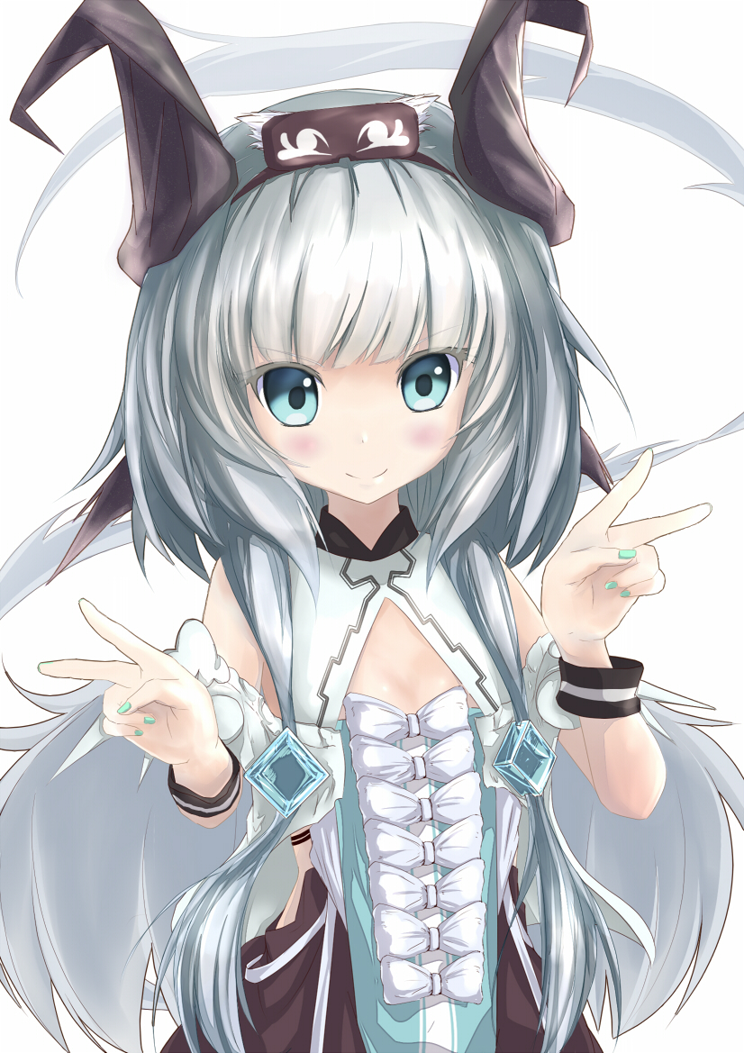 1girl, blue_eyes, blush, bow, chippucream, crystal, double_v, dragon_girl, dragon_horns, female_focus, fingernails, flat_chest, headband, horns, nail_polish, rune_factory, rune_factory_4, silver_hair, smile, solo, syelzaweed, v, wings, wristband