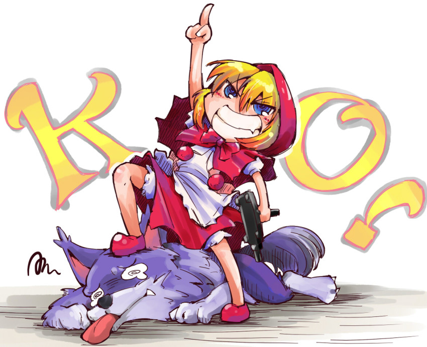 1girl, apron, blonde_hair, blue_eyes, b.b._hood, capcom, clenched_teeth, defeat