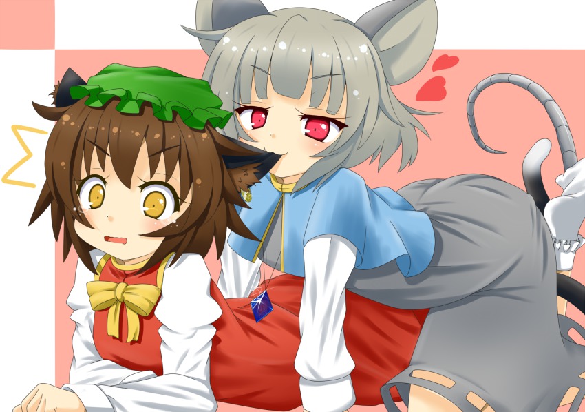 2girls, :3, ^^^, all_fours, animal_ears, biting, blush, bobby_socks, brown_hair, capelet, cat_ears, cat_tail, chen, biting_ear, grey_hair, hat, heart, highres, himenomikan, jewelry, lying, mouse_ears, mouse_tail, multiple_girls, multiple_tails, nazrin, on_stomach, pendant, pink_eyes, red_eyes, role_reversal, short_hair, smile, socks, surprised, tail, tears, touhou, yellow_eyes