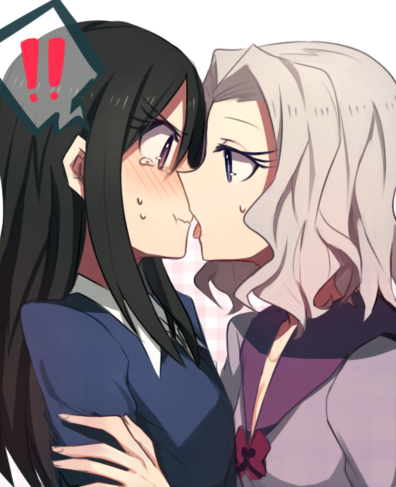 !, 2girls, aoki_shizumi, black_hair, blue_eyes, blush, female_focus, grey_hair