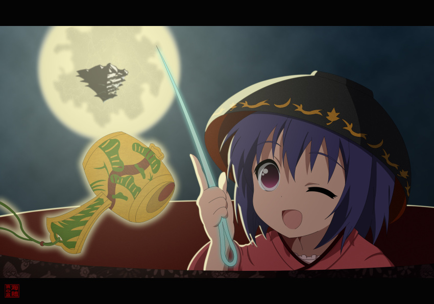 1girl, ;d, anime_coloring, bowl, castle, full_moon, highres, letterboxed