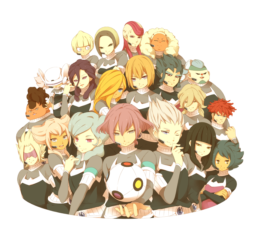 6+boys, 6+girls, alpha_(inazuma_eleven), armband, bahamusu, beta_(inazuma_eleven), blonde_hair, blue_eyes, brown_hair, daana, dorimu, einamu, everyone, gamma_(inazuma_eleven), garingu, gaura, goalkeeper, hair_over_one_eye, highres, inazuma_eleven_(series), inazuma_eleven_go, inazuma_eleven_go_chrono_stone, jiinii, kuoosu, kuoru, long_hair, medamu, multiple_boys, multiple_girls, neira, netan, no_pupils, one_eye_closed, open_mouth, orca_(inazuma_eleven), protocol_omega, purple_eyes, red_hair, reiza, rujiku, sekina, simple_background, smile, solid_eyes, sphere_device, ward_(inazuma_eleven), white_background, wink, yellow_eyes, zanou