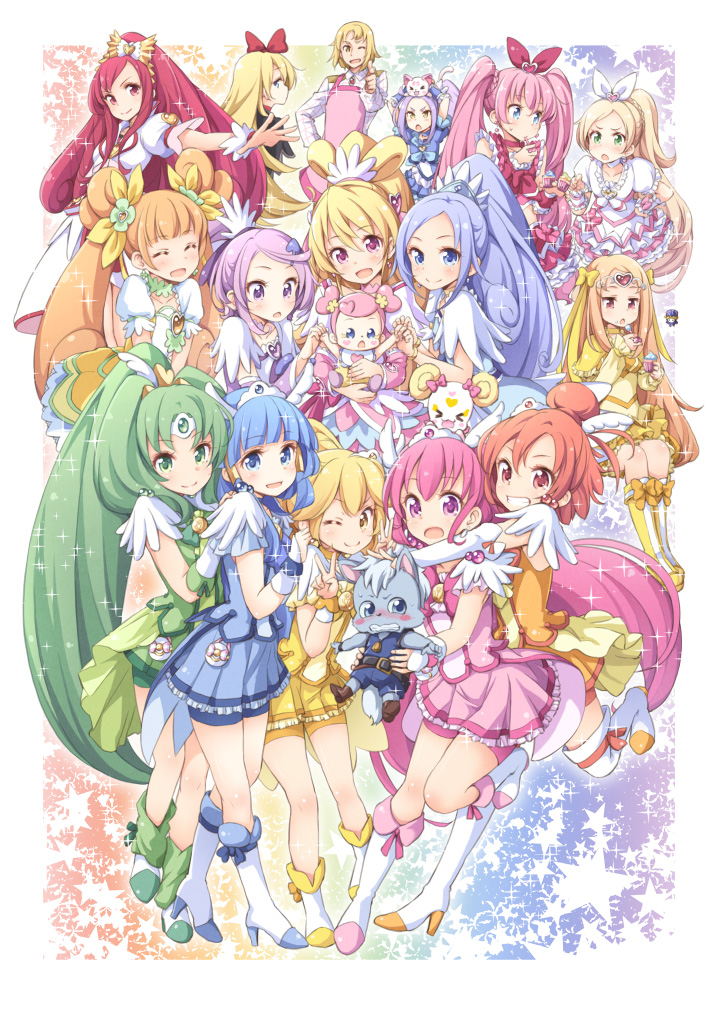 10s, 1boy, 6+girls, ai-chan_(precure), aida_mana, aoki_reika, arm_warmers, bike_shorts