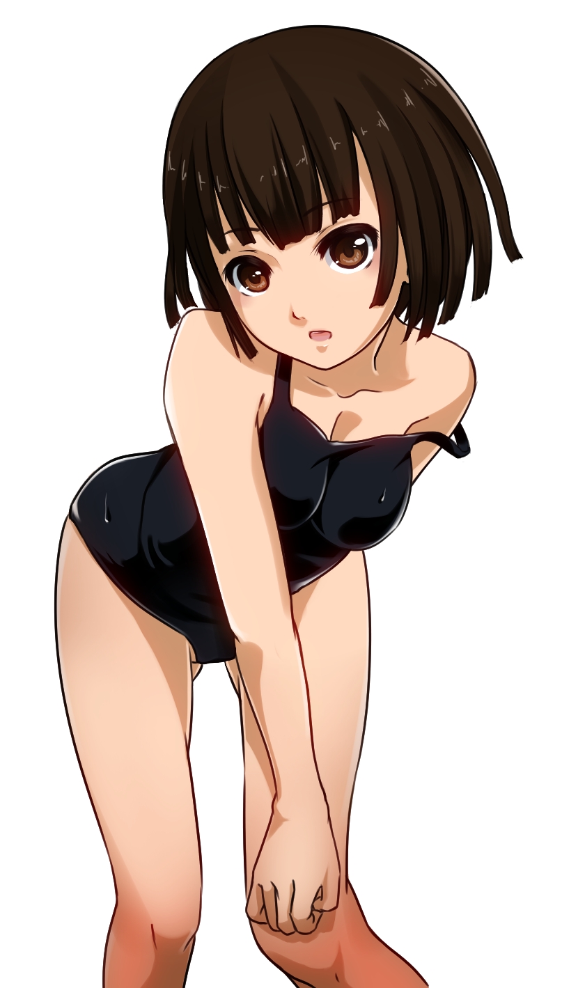 1girl, bakemonogatari, bent_over, brown_eyes, brown_hair, gluteal_fold, highres, monogatari_(series), one-piece_swimsuit, school_swimsuit, sengoku_nadeko, shirosaki_rio, short_hair, strap_slip, swimsuit