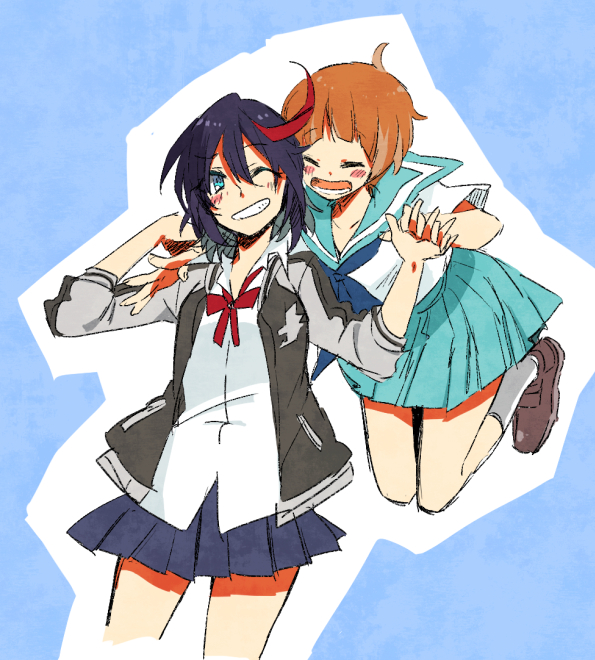 10s, 2girls, black_hair, blue_eyes, blue_sailor_collar, blue_skirt, brown_hair, dress_shirt