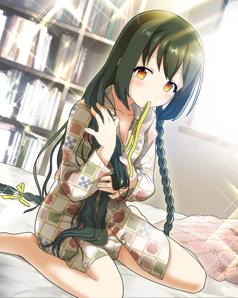 1girl, barefoot, bed, braid, ensemble_girls!, female_focus, green_hair, hair_ribbon, long_hair, messy_hair, midori_fumi, mouth_hold, official_art, orange_eyes, original, pillow, ribbon, single_braid, sitting, solo, tears, wariza, watermark