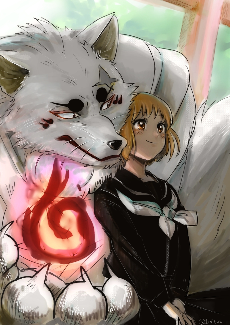 1girl, blazer, blush, brown_eyes, brown_hair, claws, creature, female_focus