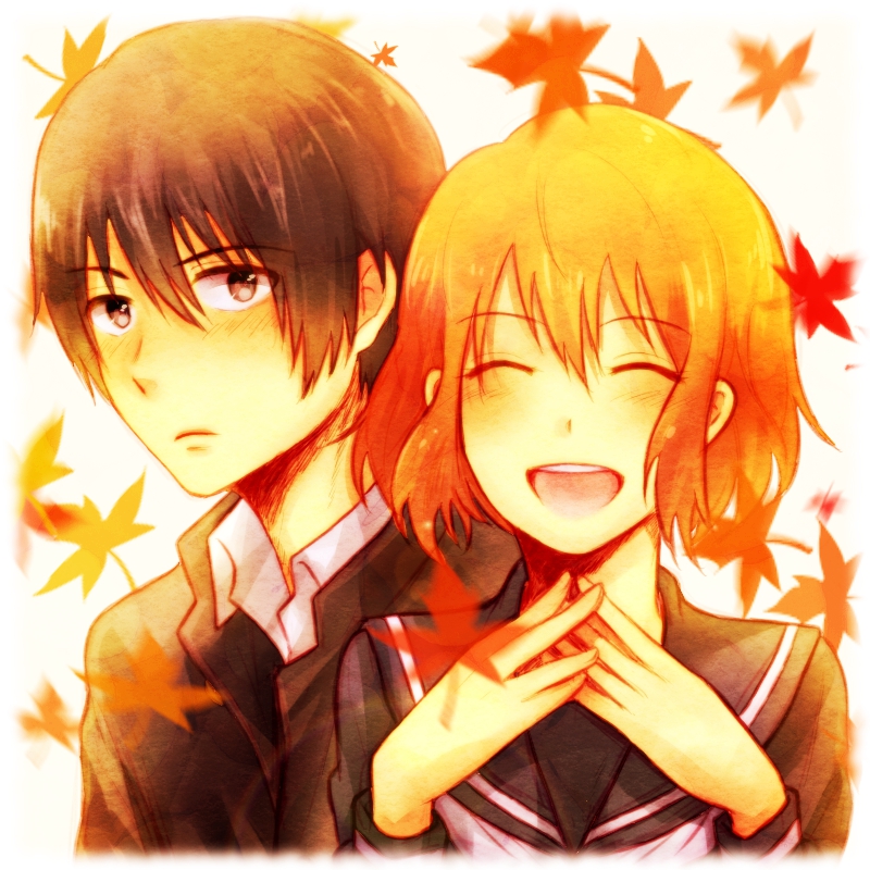 1boy, 1girl, 3310suzuka, ^_^, ^o^, black_eyes, black_hair, blush