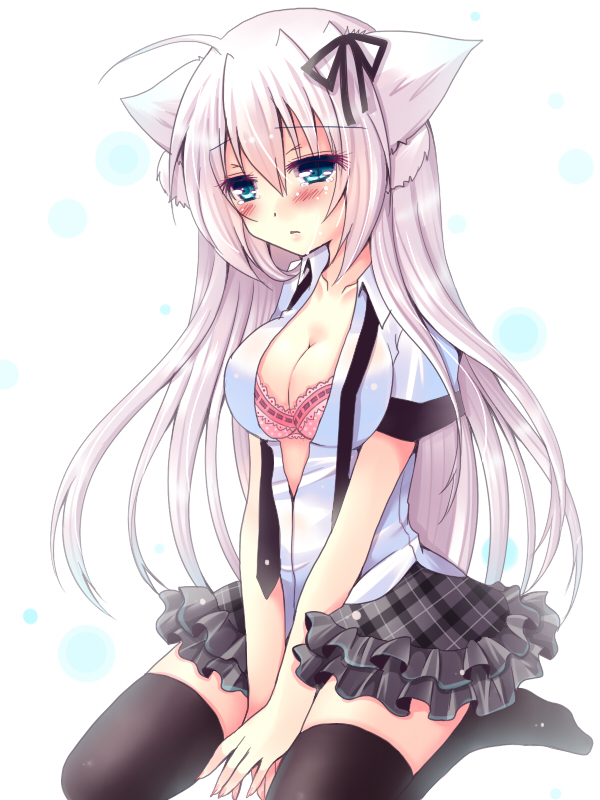 1girl, animal_ears, black_thighhighs, blue_eyes, blush, bra, breasts, cleavage, female_focus, hair_ribbon, meiya_neon, original, pink_bra, ribbon, rito_port, seiza, shirokami_gakuen, simple_background, sitting, skirt, solo, thighhighs, underwear, v_arms, white_background