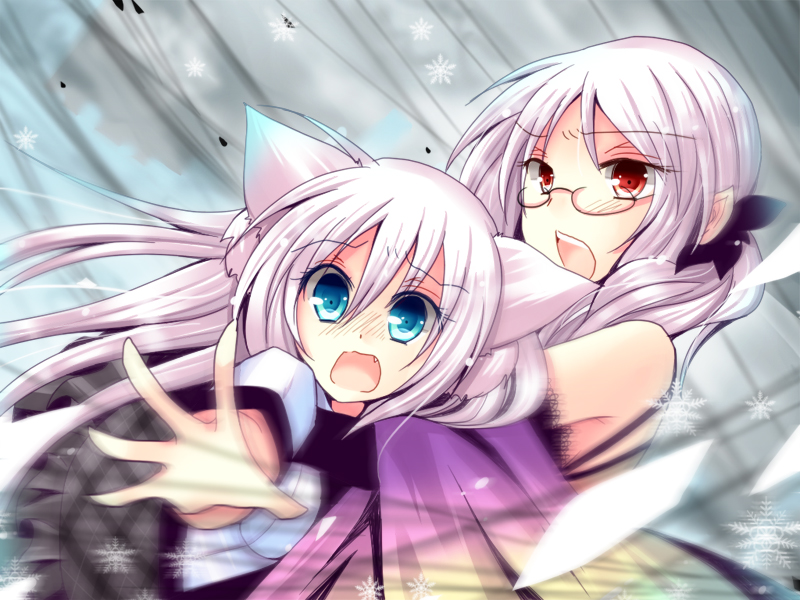 2girls, blue_eyes, blush, commentary_request, glasses, iripia_casablanca, long_hair, looking_at_viewer, meiya_neon, multiple_girls, open_mouth, original, outstretched_hand, red_eyes, rito_port, shirokami_gakuen, snowflakes, white_hair