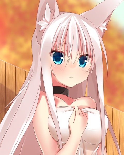1girl, animal_ears, blue_eyes, blush, breasts, collar, elvy_frost, female_focus, fox_ears, kouzuki_fukurou, large_breasts, long_hair, looking_at_viewer, original, solo, white_hair
