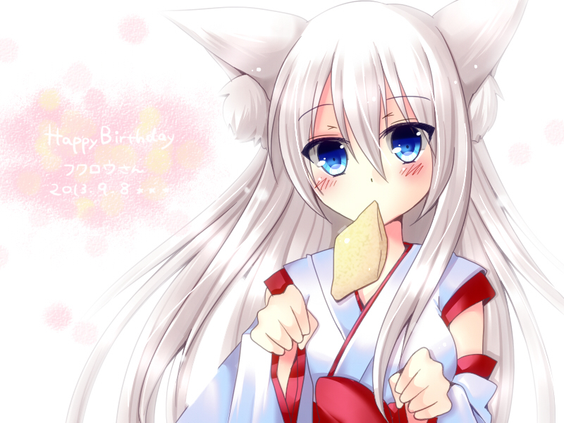 1girl, animal_ears, blue_eyes, blush, borrowed_character, dated, detached_sleeves, elvy_frost