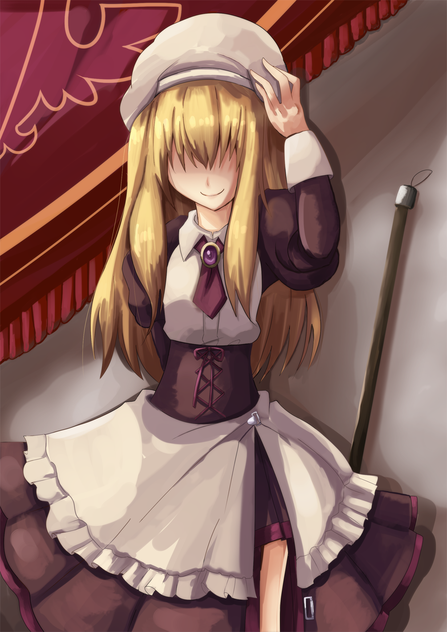 1boy, androgynous, blonde_hair, broom, crossdressing, crossdressing_(mtf), curtains, hair_over_eyes, hat, highres, juliet_sleeves, long28, long_sleeves, maid, male_focus, male_maid, puffy_sleeves, smile, solo, spoilers, trap, umineko_no_naku_koro_ni, yasu_(umineko)