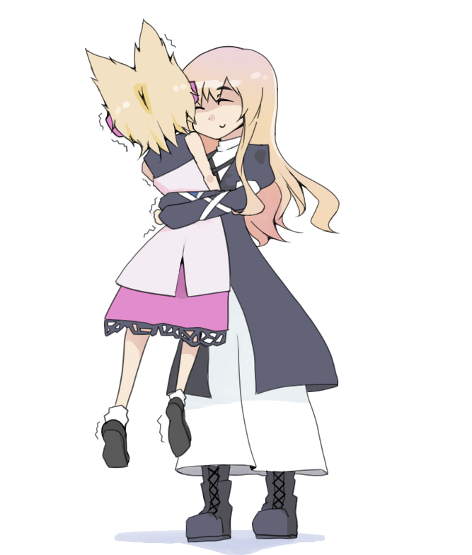 2girls, animal_ears, bearhug, blonde_hair, boots, cape, closed_eyes, earmuffs