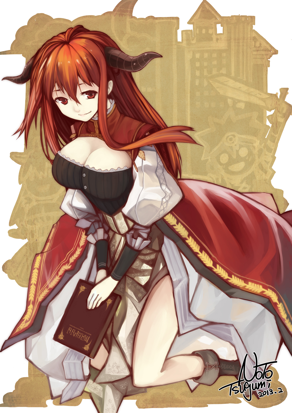 10s, 1girl, artist_name, bad_id, bad_pixiv_id, book, boots, breasts, cleavage, dated, demon_horns, female_focus, highres, horns, kneeling, lace-up_boots, large_breasts, long_hair, maou_(maoyuu), maoyuu_maou_yuusha, noto_tsugumi, red_eyes, red_hair, smile, solo