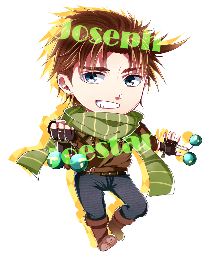 1boy, bad_id, bad_pixiv_id, blue_eyes, bola_(weapon), boots, brown_hair, character_name, chibi, grin, jacket, jojo_no_kimyou_na_bouken, joseph_joestar, joseph_joestar_(young), male_focus, scarf, smile, solo, striped_clothes, striped_scarf, yoshimura_(hrd29)