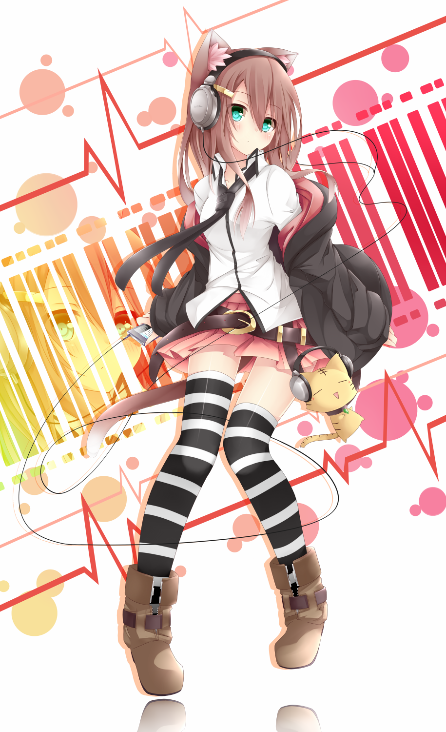 1girl, animal_ears, belt, brown_hair, cat, cat_ears, cat_tail, chabaneko