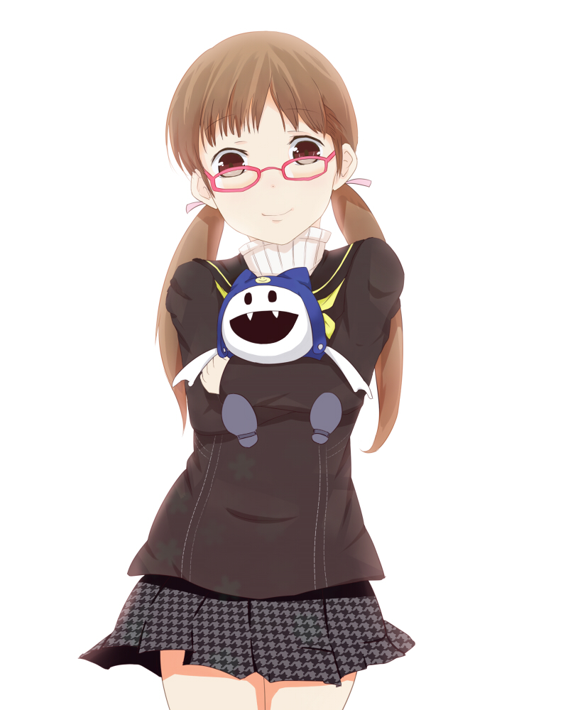 1girl, aged_up, brown_hair, doujima_nanako, female_focus, glasses, jack_frost_(megami_tensei), peanuts_(ennuim), persona, persona_4, school_uniform, skirt, solo, stuffed_animal, stuffed_toy, turtleneck, twintails