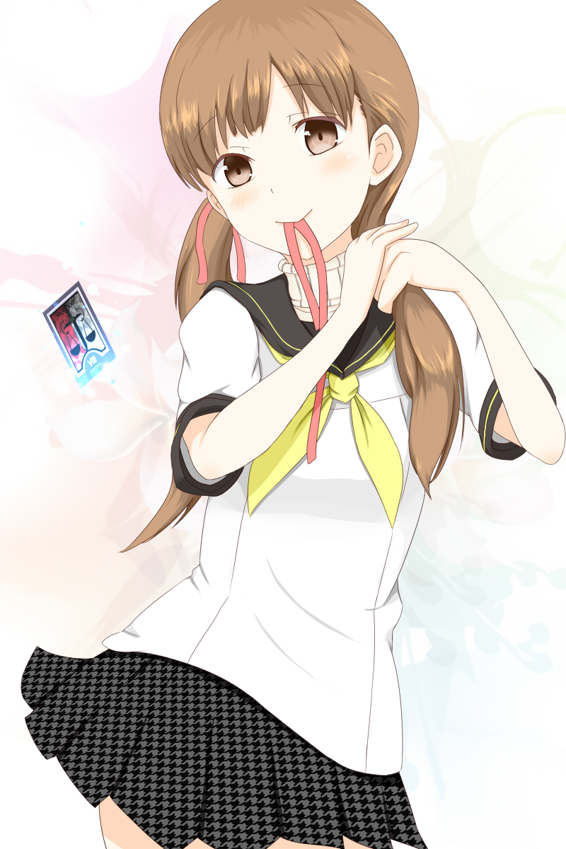 1girl, adjusting_hair, aged_up, brown_hair, card, doujima_nanako, female_focus, hair_ribbon, highres, justice_(tarot), mouth_hold, peanuts_(ennuim), persona, persona_4, ribbon, school_uniform, skirt, solo, tarot, tarot_card, turtleneck