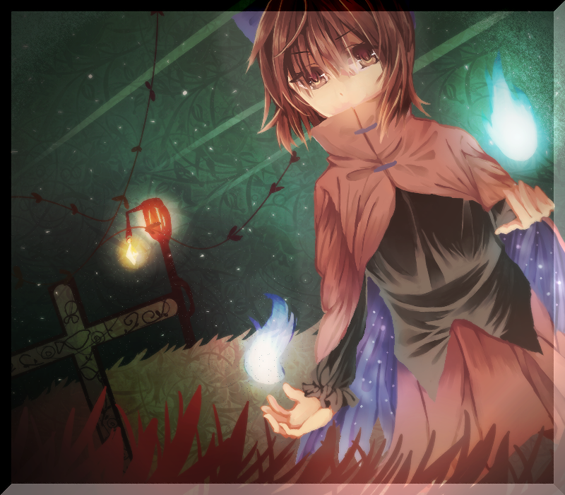 1girl, bad_id, bad_pixiv_id, cape, female_focus, fire, lamppost, red_hair