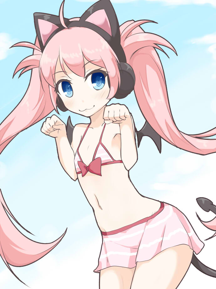 1girl, :3, ahoge, animal_ears, bemani, blue_eyes, blush, cat_ears, female_focus, flat_chest, headphones, kuro_(be_ok), looking_at_viewer, midriff, nagisa, nagisa_(jubeat), navel, paw_pose, pink_hair, skirt, smile, solo, swimsuit, tail, twintails, wings