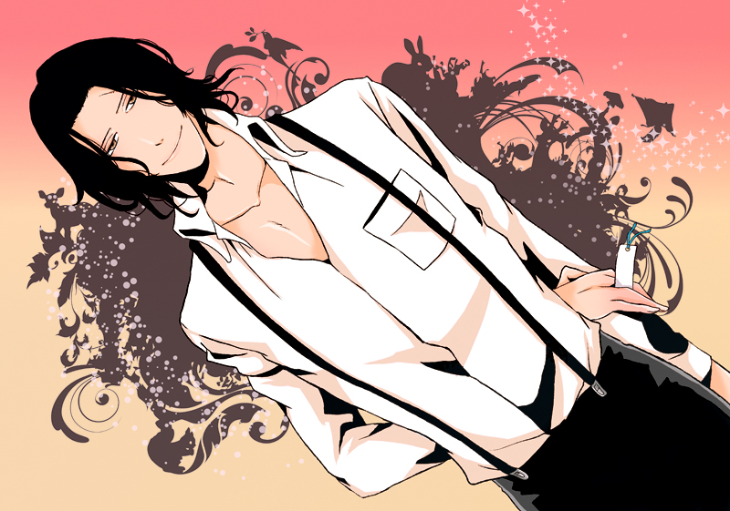 1boy, black_hair, bleach, bookmark, brown_eyes, locoe, male_focus, scar