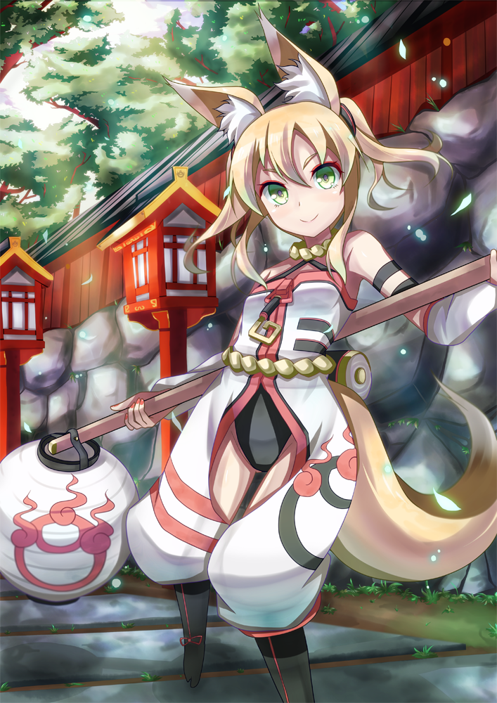 1girl, akiyasu, animal_ears, blonde_hair, female_focus, fox_ears, fox_tail, green_eyes