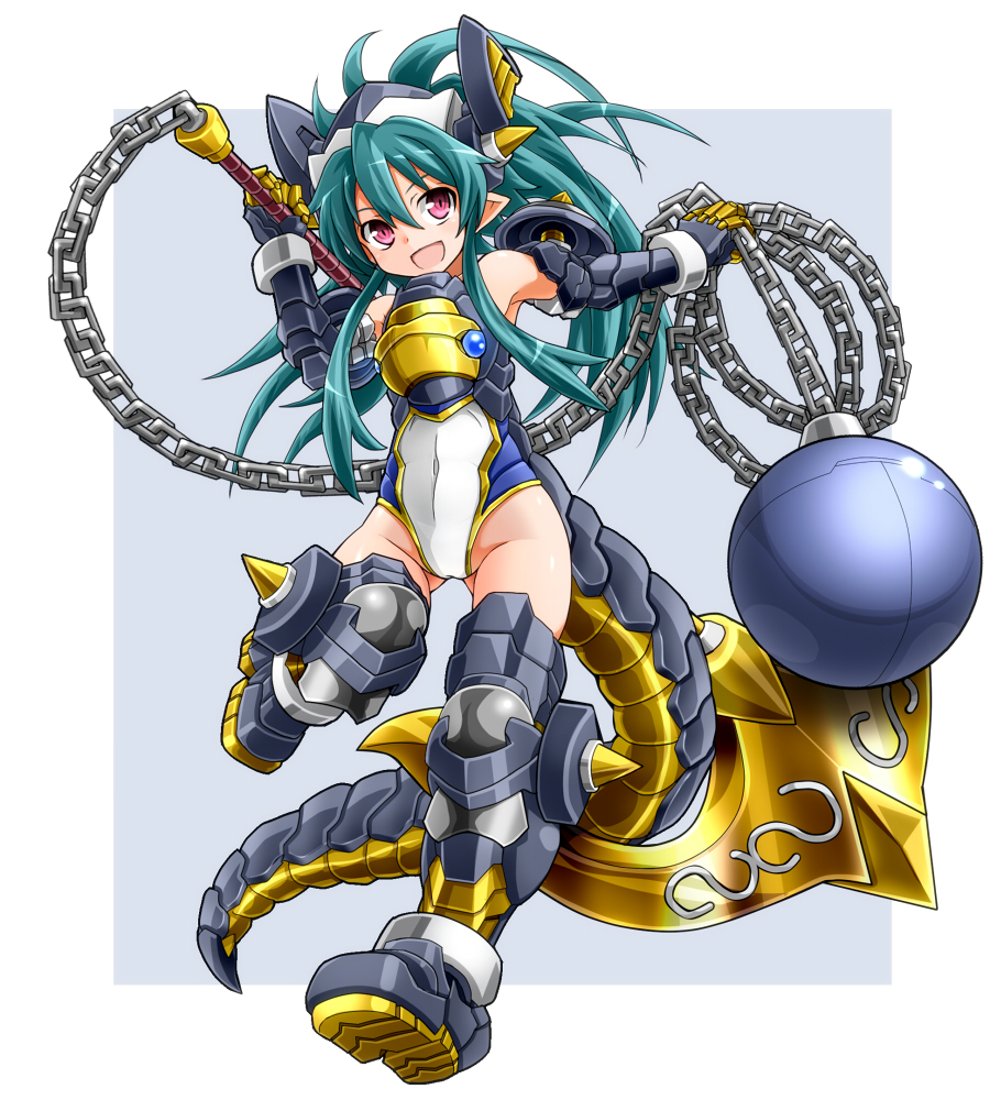 1girl, anchor, armor, cameltoe, chain, female_focus, green_hair, karukan_(monjya), long_hair, monster_girl, open_mouth, pink_eyes, pointy_ears, shinrabanshou, shizuku_(shinrabanshou), solo, spikes, suireiou_shizuku_(shinrabanshou), tail, weapon