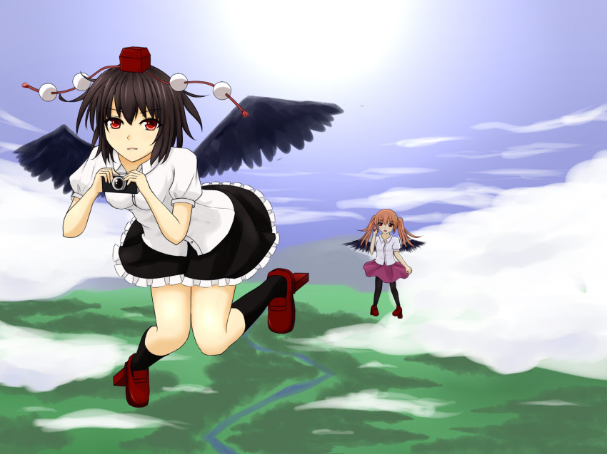 2girls, bent_over, bird_wings, black_hair, blouse, blue_sky, breasts, brown_hair