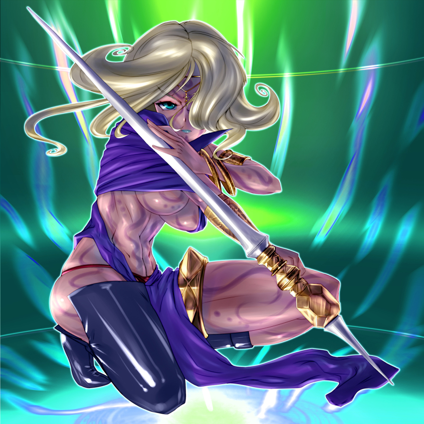 1girl, asymmetrical_legwear, boots, bracer, breasts, circlet, dark-skinned_female, dark_skin