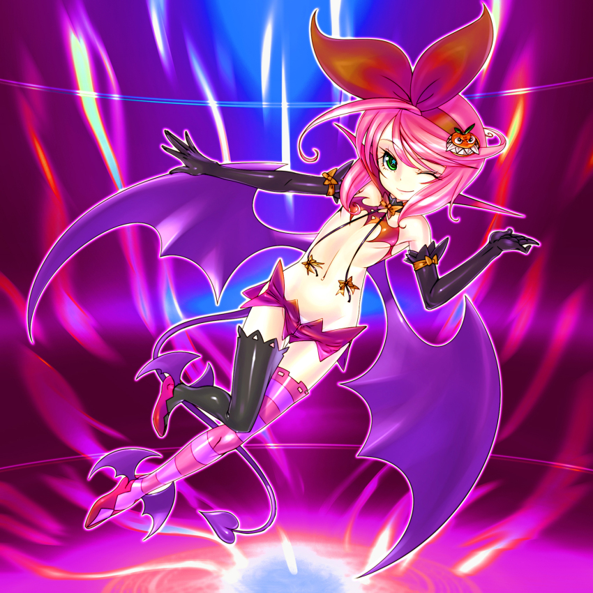 1girl, ;), alcohol, ankle_wrap, asymmetrical_legwear, bat_wings, beer, black_gloves, choker, demon_girl, elbow_gloves, female_focus, flat_chest, food-themed_hair_ornament, gloves, green_eyes, hair_ornament, hair_ribbon, hairband, hairclip, hayama_yuujirou, hayami_yuujirou, highres, looking_at_viewer, microskirt, mismatched_legwear, one_eye_closed, pink_hair, pumpkin_hair_ornament, revealing_clothes, ribbon, short_hair, skirt, smile, socks, solo, star-shaped_pupils, star_(symbol), striped_clothes, striped_socks, striped_thighhighs, symbol-shaped_pupils, tentacles_tactics, thighhighs, wings, wink