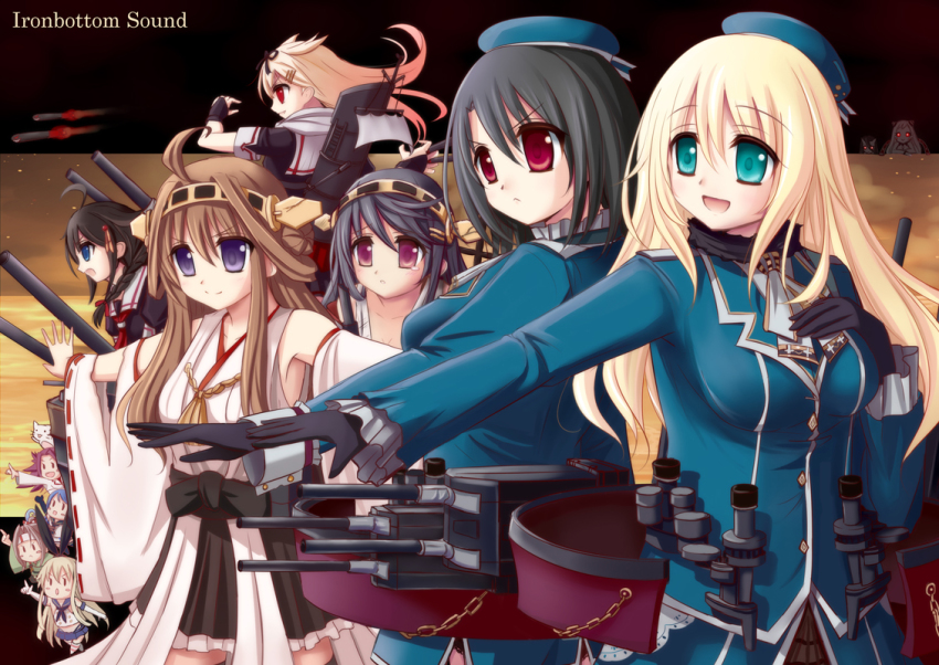 10s, 6+girls, abyssal_ship, ahoge, airfield_princess, akisame_rizu, atago_(kancolle), bad_id