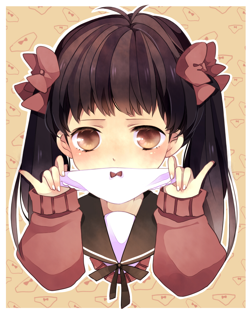 1girl, blush, bow, bow_panties, brown_eyes, brown_hair, covering_own_mouth, female_focus