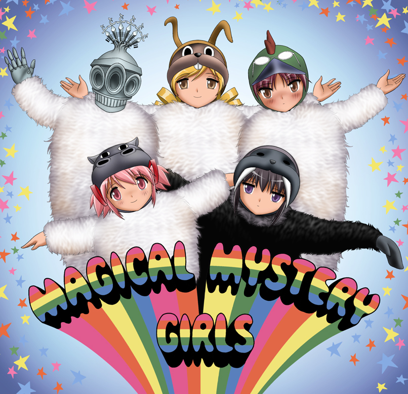 4girls, akemi_homura, album_cover, album_cover_redraw, blonde_hair, blush, brown_eyes, cover, derivative_work, drill_hair, kaname_madoka, magical_mystery_tour, mahou_shoujo_madoka_magica, mahou_shoujo_madoka_magica_(anime), multiple_girls, oktavia_von_seckendorff, parody, pink_eyes, pink_hair, purple_eyes, sakura_kyoko, shingyouji_tatsuya, smile, spoilers, the_beatles, tomoe_mami, twin_drills, twintails