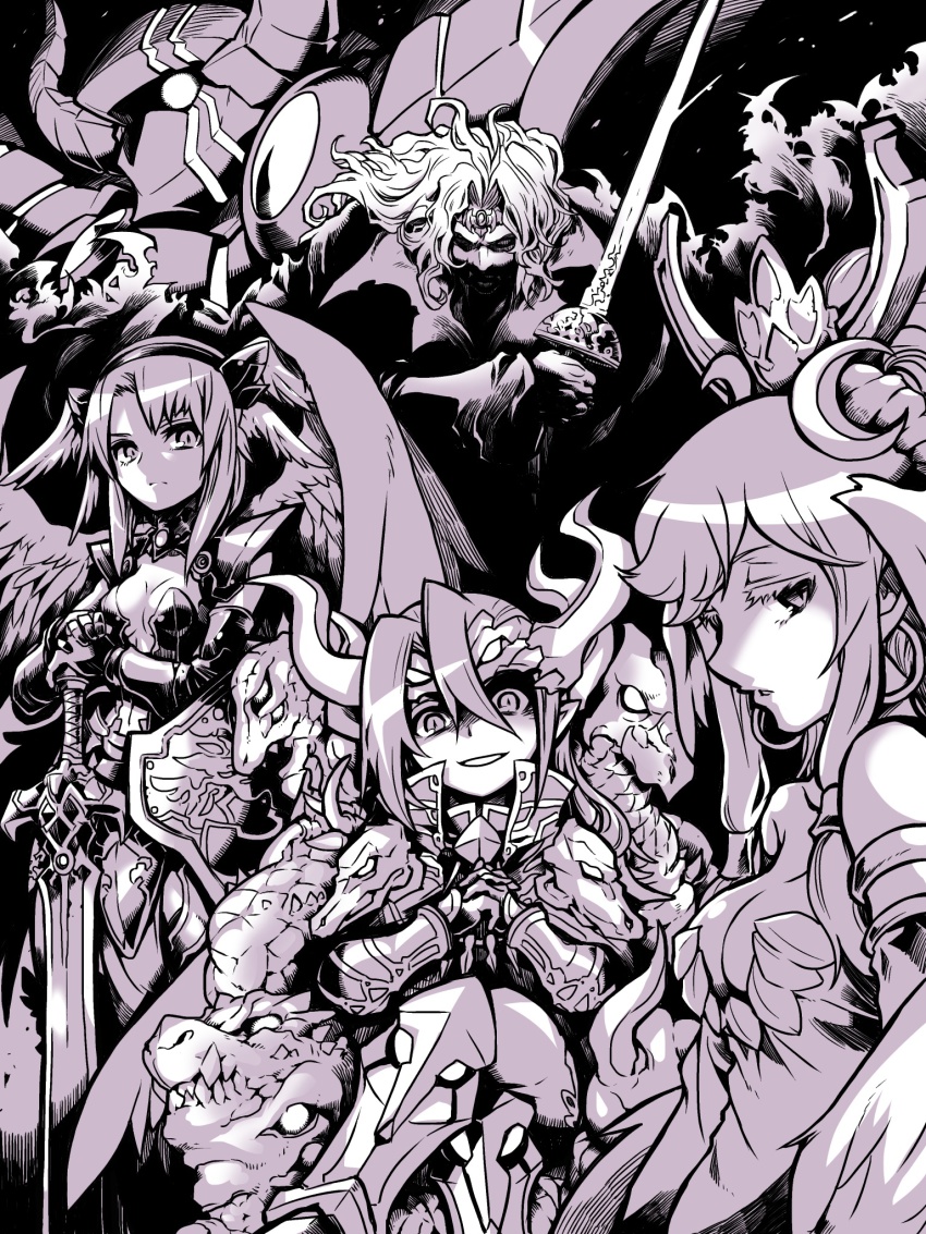 2boys, 2girls, armor, ceres_(p&amp;d), crescent, dark_golem_(p&amp;d), dark_minerva_(p&amp;d), grin, headdress, highres, horns, kato_takuji, loki_(p&amp;d), long_hair, minerva_(p&amp;d), monochrome, multiple_boys, multiple_girls, on_throne, puzzle_&amp;_dragons, shield, short_hair, sitting, smile, sword, throne, vampire_(p&amp;d), vampire_lord_(p&amp;d), weapon, wings