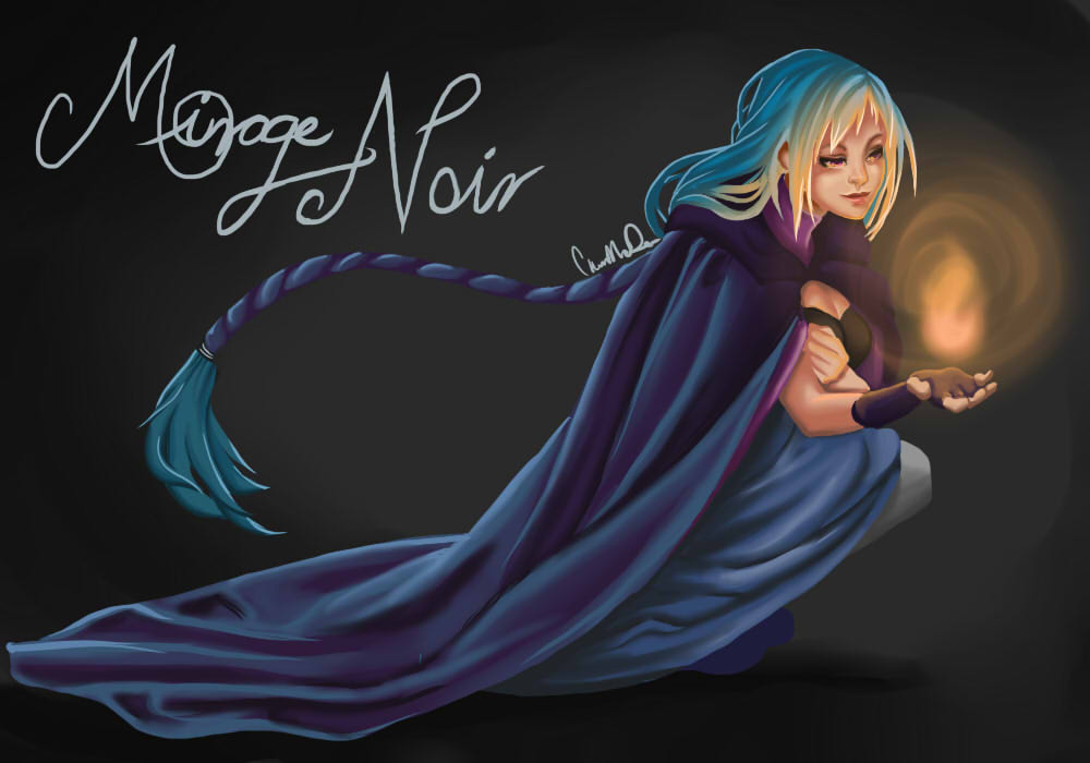 1girl, althea_(luminous_arc), althea_(mirage_noir), blue_hair, braid, cape, female_focus, fire