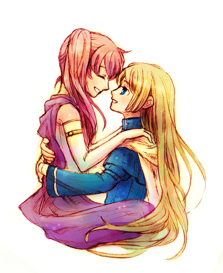 1boy, 1girl, androgynous, armlet, bare_shoulders, blonde_hair, blue_eyes, cape, capelet, clenched_teeth, cleric, closed_eyes, couple, elbow_gloves, face-to-face, fire_emblem, fire_emblem:_the_blazing_blade, gloves, hands_on_another's_shoulders, happy, hetero, hug, jewelry, long_hair, long_sleeves, looking_at_another, lucius_(fire_emblem), monk, nintendo, pink_hair, rio-sout, robe, serra_(fire_emblem), simple_background, smile, teeth, twintails, white_background, white_gloves