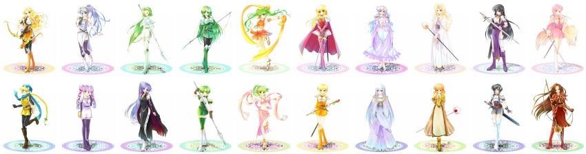 6+girls, absurdres, altena_(fire_emblem), anklet, annand_(fire_emblem), armor, arrow_(projectile), ascot, ayra_(fire_emblem), ballet_slippers, bandana, belt, black_eyes, black_hair, blonde_hair, blue_eyes, blue_hair, book, boots, bow, bow_(weapon), bracelet, braid, breastplate, breasts, bridal_gauntlets, brigid_(fire_emblem), brown_eyes, brown_hair, cape, capelet, circlet, cleavage, closed_eyes, dancer, deirdre_(fire_emblem), dress, earrings, edain_(fire_emblem), elbow_gloves, erinys_(fire_emblem), ethlyn_(fire_emblem), faulds, fee_(fire_emblem), fingerless_gloves, fire_emblem, fire_emblem:_genealogy_of_the_holy_war, frilled_skirt, frills, gauntlets, gloves, greaves, green_eyes, green_hair, hair_ornament, hairclip, harem_outfit, hat, headband, high_heels, highres, hoop_earrings, ishtar_(fire_emblem), jewelry, julia_(fire_emblem), knee_boots, knee_pads, knife, lachesis_(fire_emblem), lana_(fire_emblem), larcei_(fire_emblem), leather, leather_gloves, lene_(fire_emblem), light_purple_hair, lipstick, long_hair, lots_of_jewelry, makeup, miniskirt, mother_and_child, mother_and_daughter, multiple_girls, nanna_(fire_emblem), necklace, nintendo, one_eye_closed, open_mouth, orange_boots, orange_dress, parent_and_child, patty_(fire_emblem), pauldrons, pink_boots, pink_eyes, pink_hair, polearm, ponytail, purple_dress, purple_eyes, quiver, robe, sack, sandals, scarf, seno_(artist), sheath, short_hair, shoulder_armor, shoulder_pads, siblings, side_slit, sidelocks, silvia_(fire_emblem), sisters, skirt, sleeveless, sleeveless_dress, smile, spear, staff, standing, standing_on_one_leg, sweatband, sword, tailtiu_(fire_emblem), thigh_boots, thighhighs, tine_(fire_emblem), twins, twintails, vambraces, very_long_hair, weapon, white_dress, wink, zettai_ryouiki