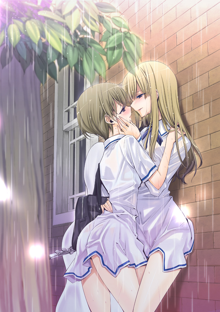 2girls, bag, blonde_hair, blush, brick_wall, brown_hair, cello_case, dress, eye_contact, flute, hand_on_another's_cheek, hand_on_another's_face, hand_on_another's_shoulder, hand_on_another's_waist, instrument, instrument_case, leg_between_thighs, long_hair, looking_at_another, multiple_girls, original, outdoors, rain, sailor_dress, school_uniform, short_hair, takano_saku, tree, wet, wet_clothes, white_dress, window, yuri