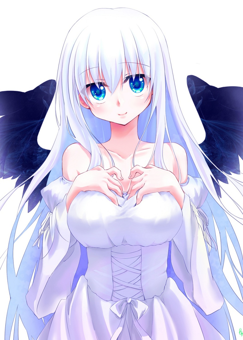 1girl, angel_wings, bad_id, bad_pixiv_id, bare_shoulders, black_wings, blue_eyes, blush